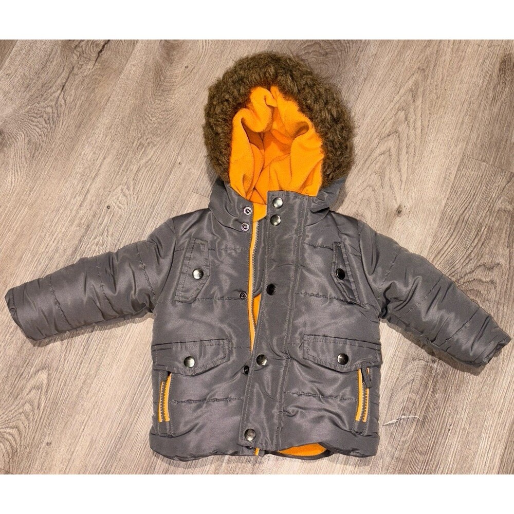 Rothschild Baby Boys faux fur Hooded Parka Jacket Size 6-9 months Charcoal EUC